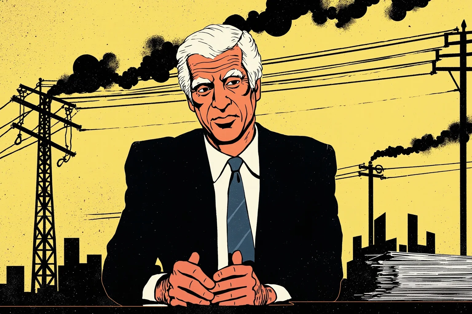 Illustration of a 1970s president speaking directly to camera from behind an Oval Office desk, energy crisis imagery like gas lines in background thought bubble
