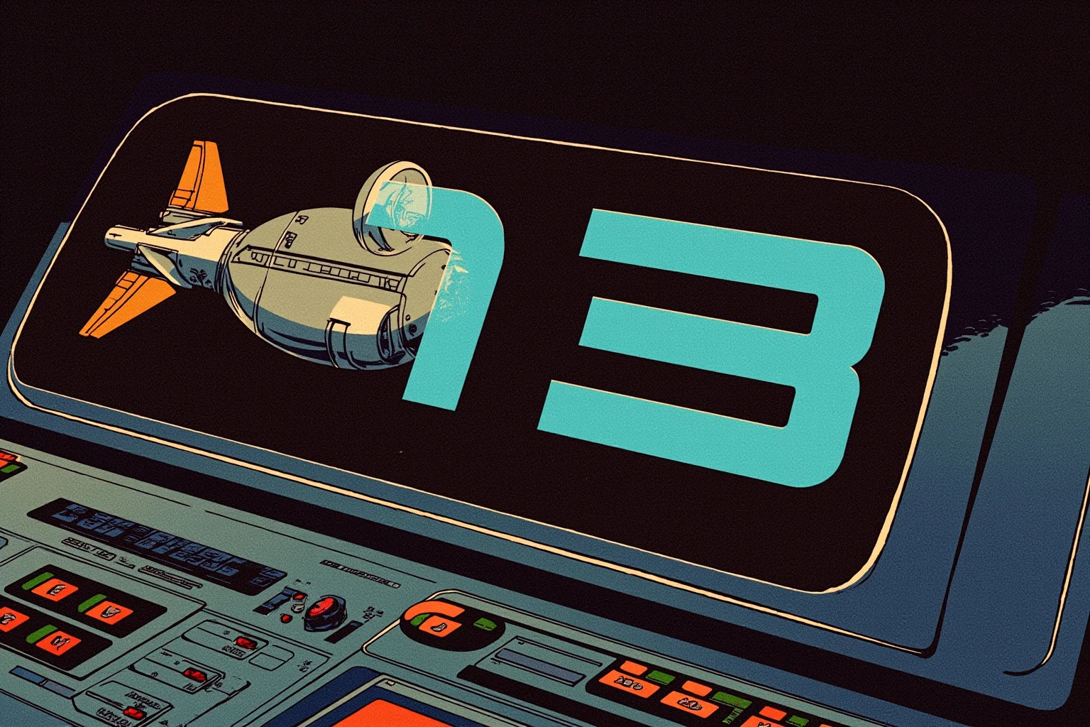 Illustration of a 1970s space capsule with glowing digital number 13 displayed on its control panel, retro NASA-era color palette