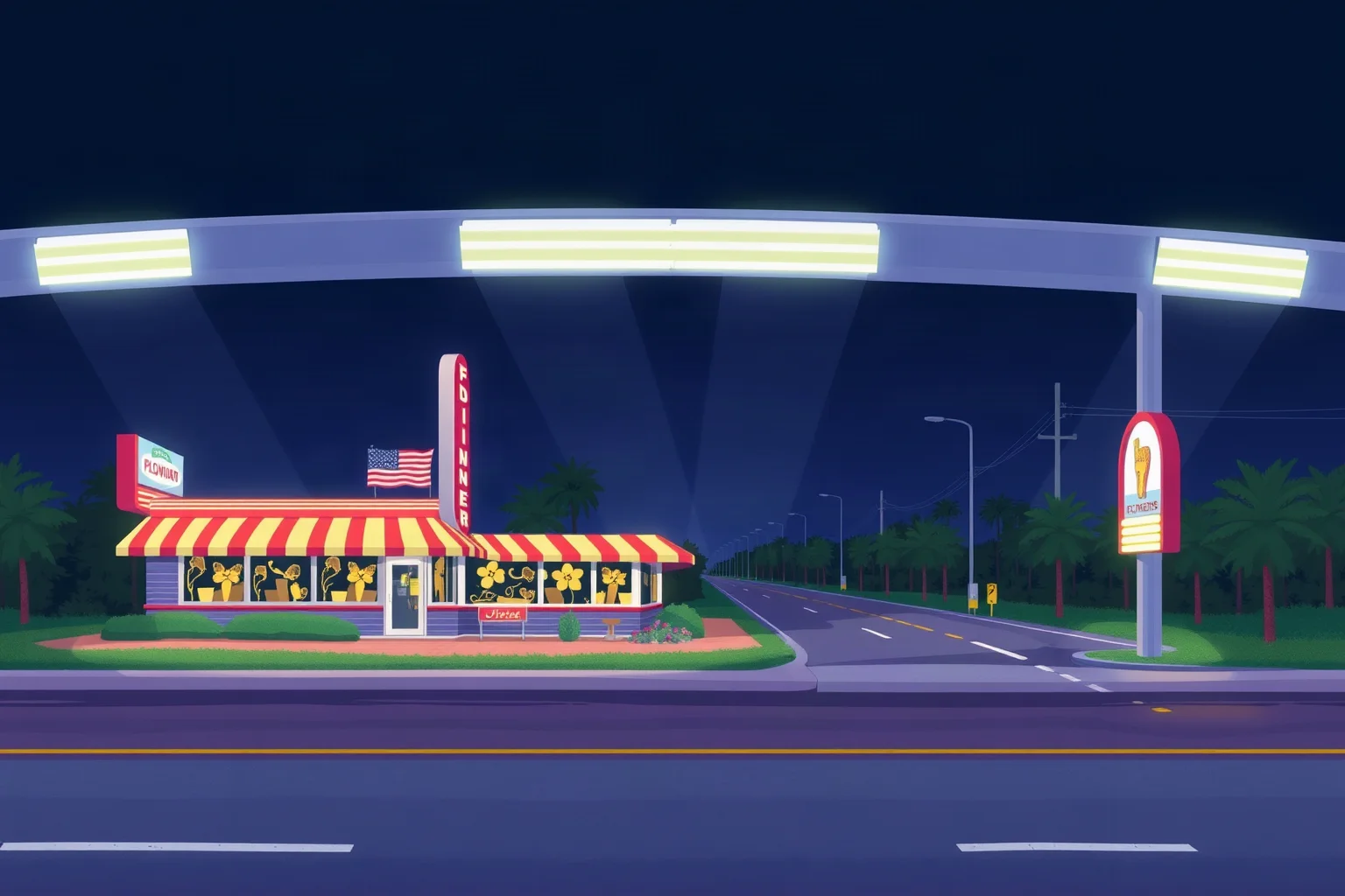 Illustration of a 1980s Florida highway roadside diner at night