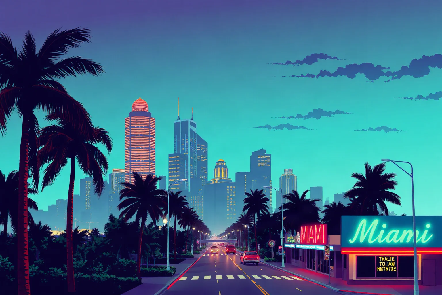 Illustration of a 1980s Miami skyline with palm trees and neon-lit streets