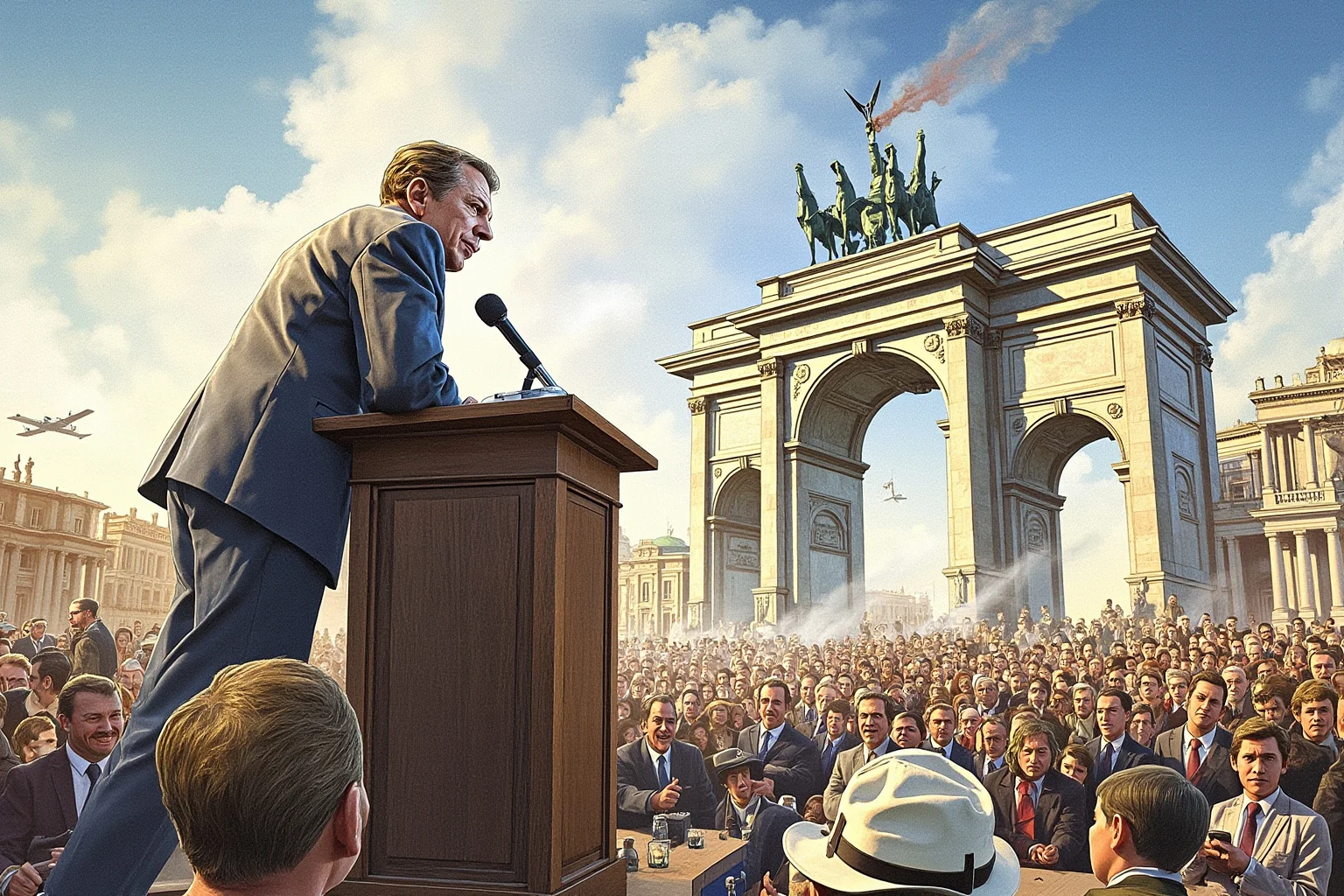 Illustration of a 1980s president speaking at an outdoor podium before a massive stone gate and crowd in a divided European city