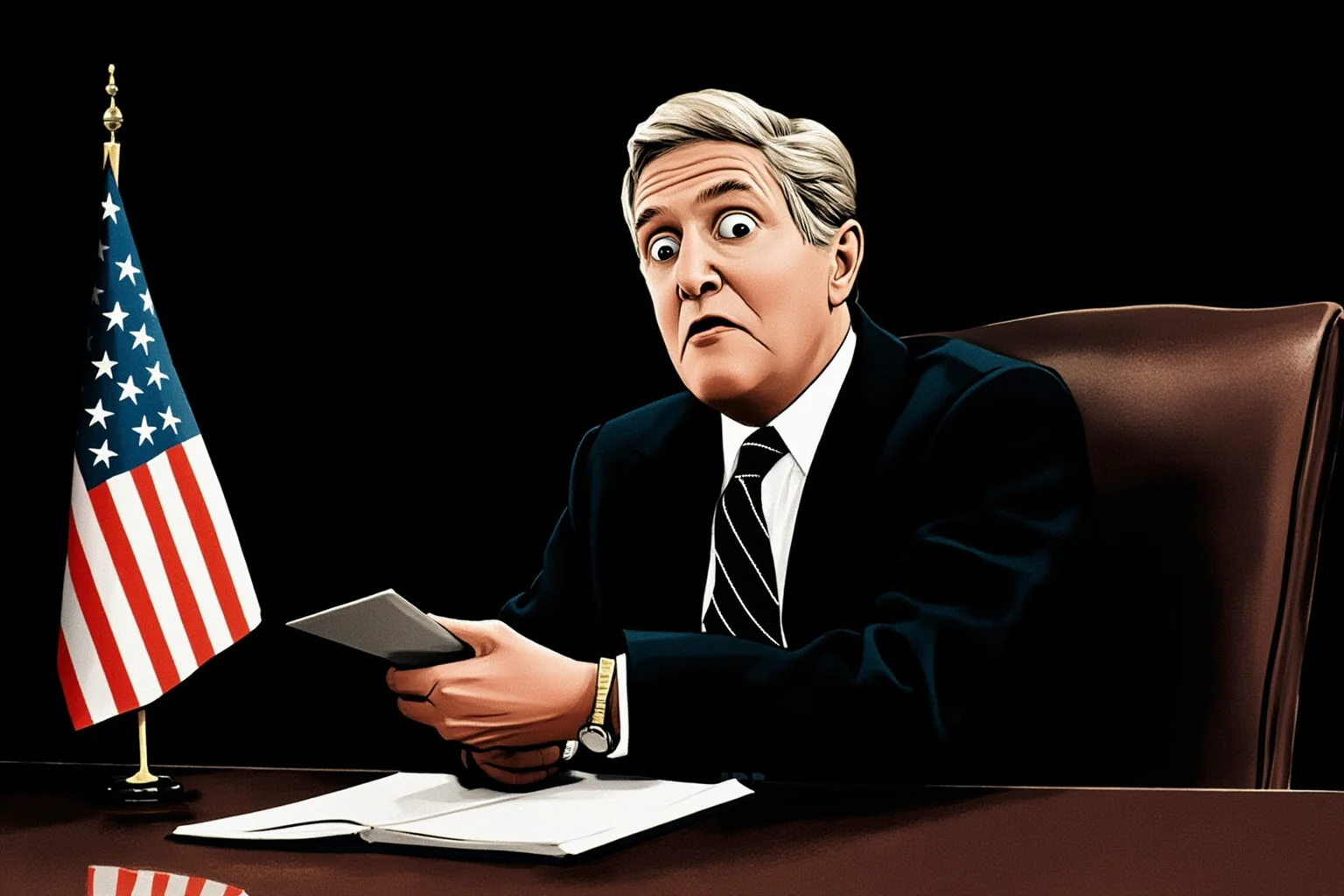 Illustration of a 1980s president speaking solemnly at an Oval Office desk with a small American flag, subdued lighting