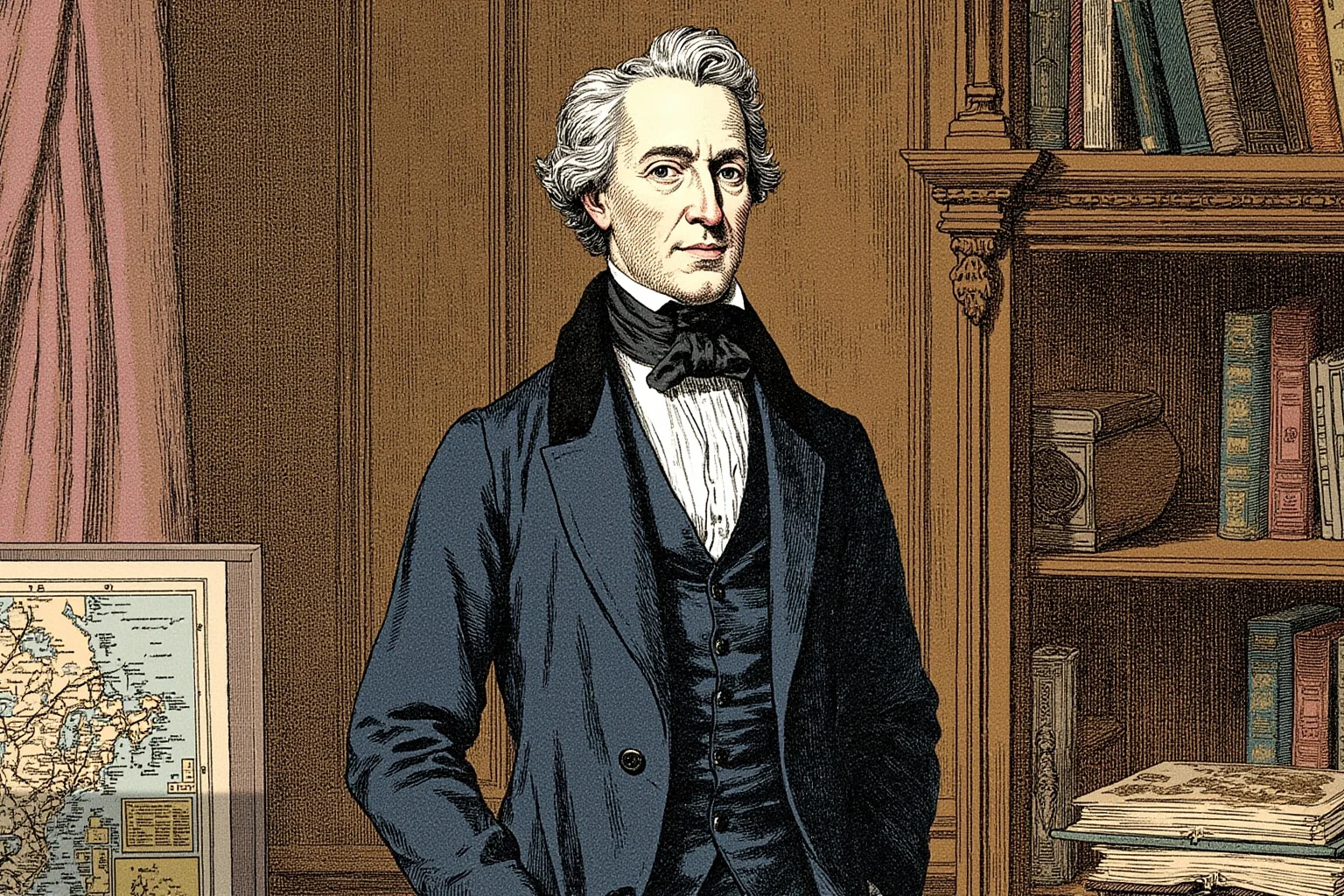 Illustration of a 19th-century American diplomat-turned-president in formal attire, standing in a wood-paneled study surrounded by books and maps.