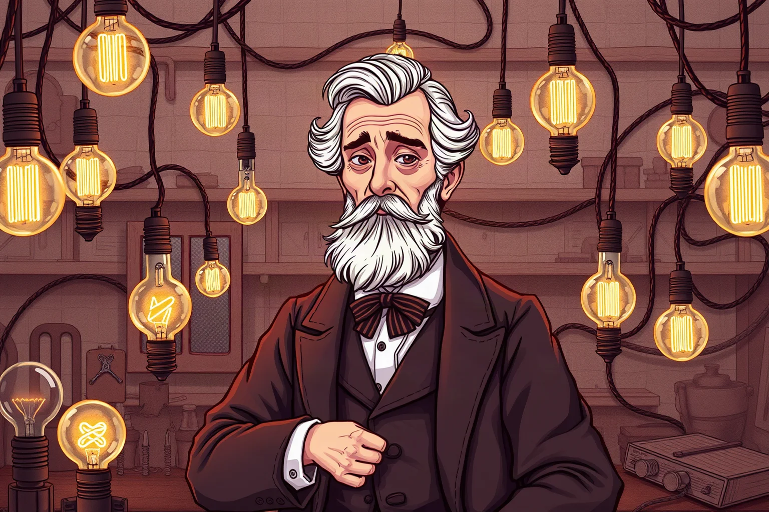 Illustration of a 19th-century American inventor in a laboratory surrounded by early electrical bulbs and wires