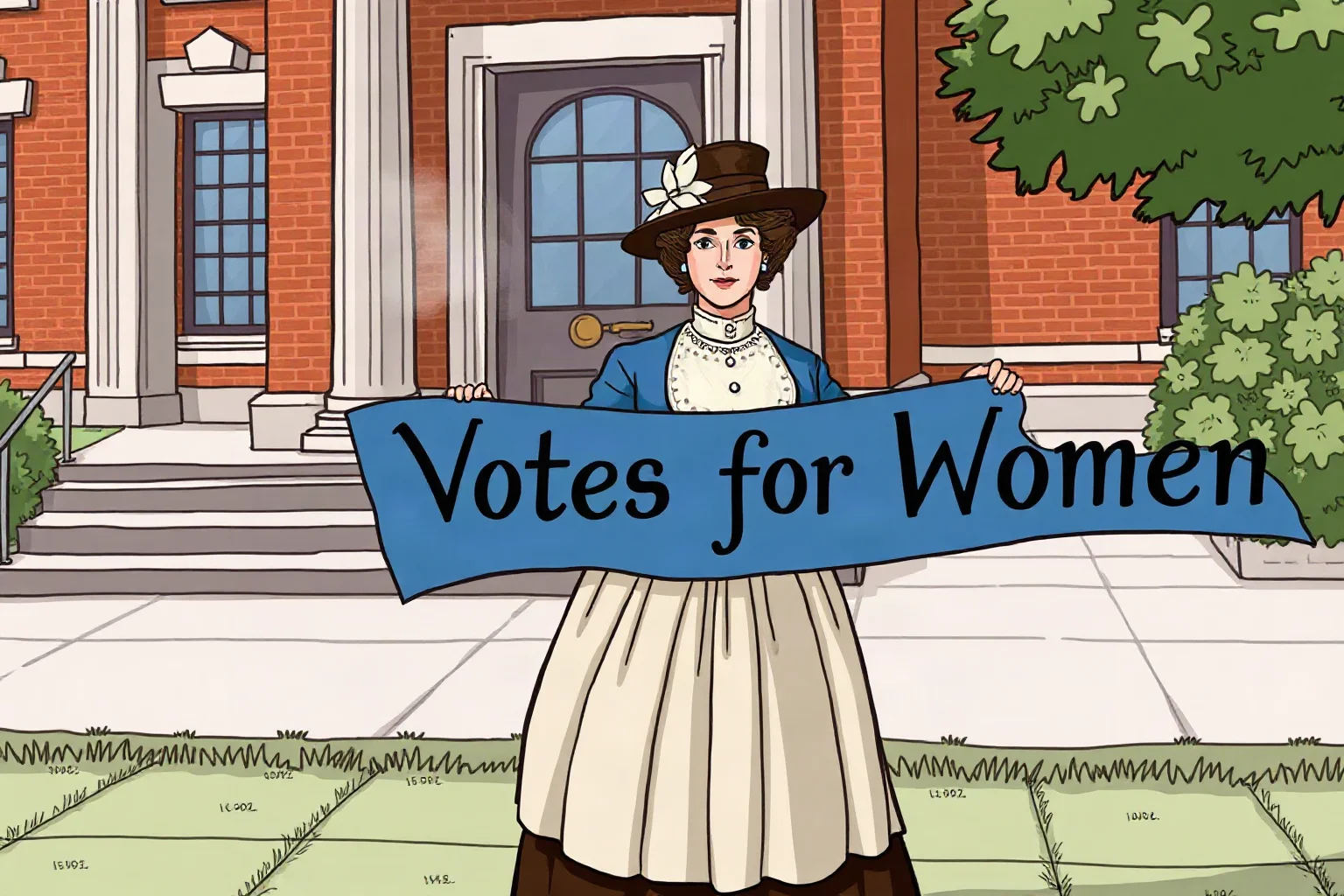 Illustration of a 19th-century American suffragist in Victorian dress holding a 'Votes for Women' banner outside a courthouse