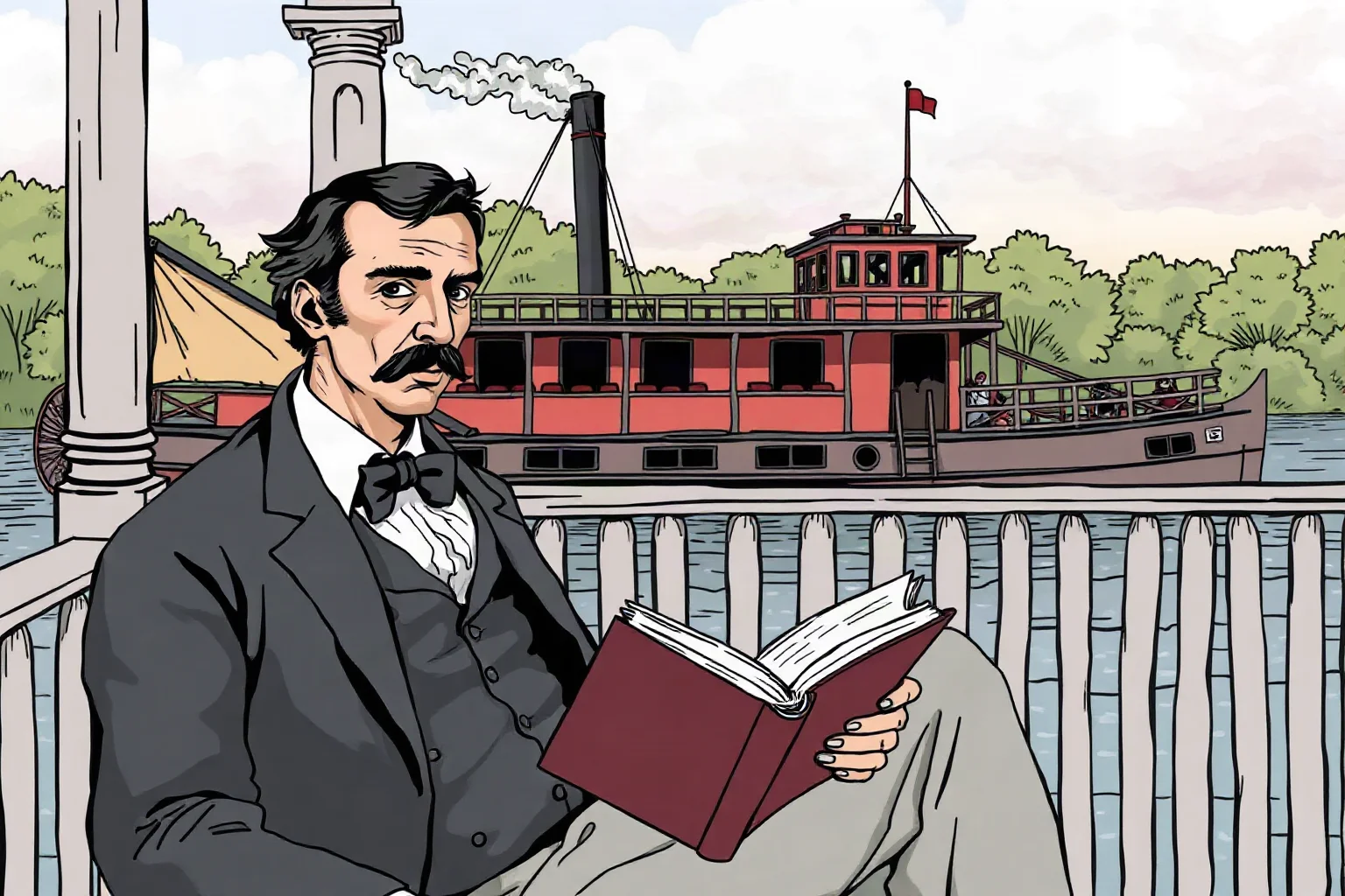 Illustration of a 19th-century American writer with a mustache sitting on a porch, notebook in hand, riverboat in background