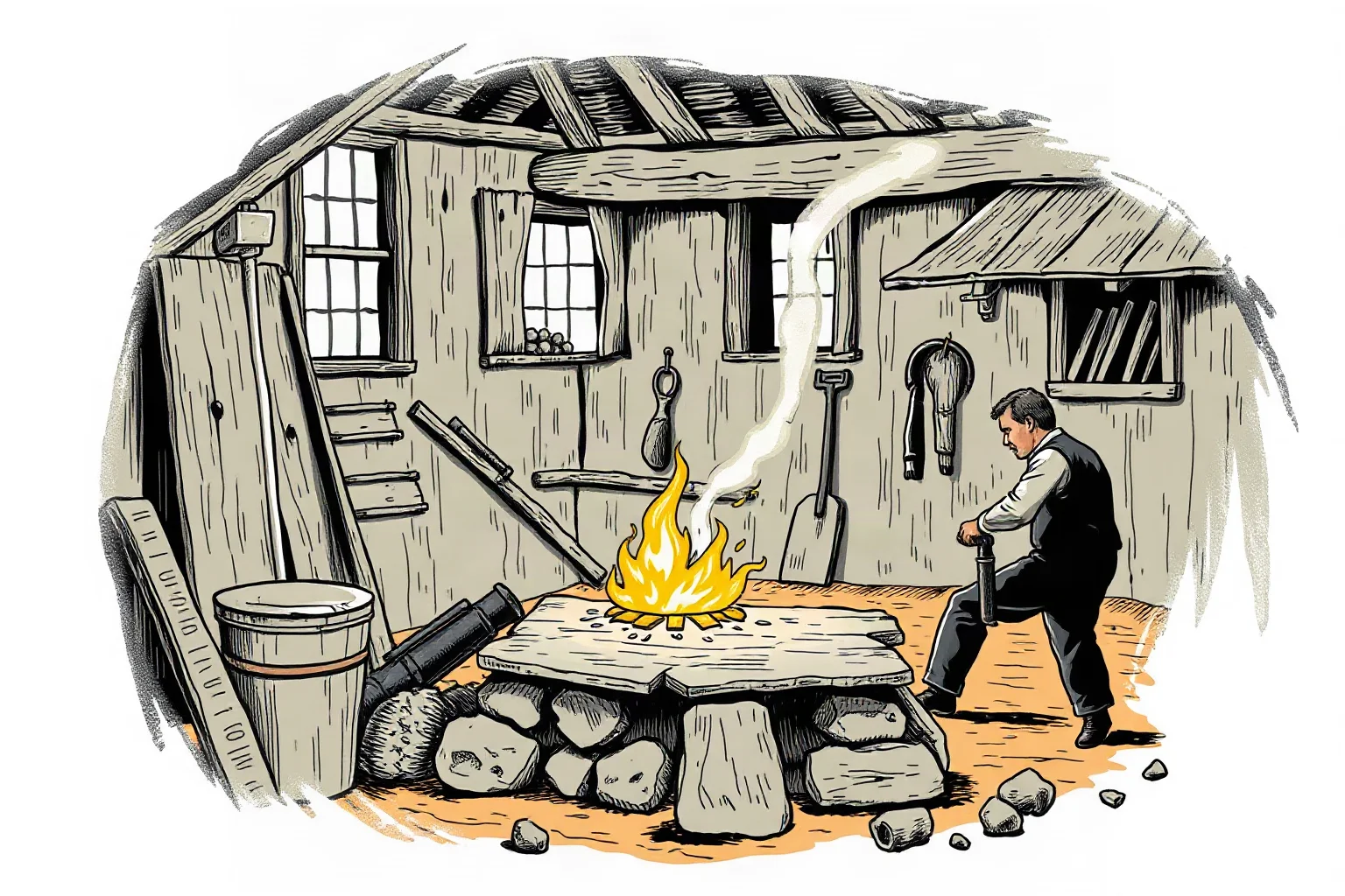 Illustration of a 19th-century blacksmith forging a steel plow blade in a rustic workshop with glowing embers