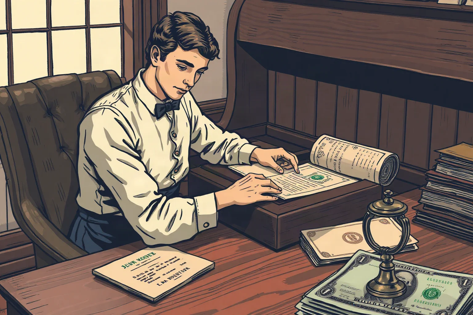 Illustration of a 19th-century clerk stamping tax documents at a wooden desk with Civil War-era currency nearby