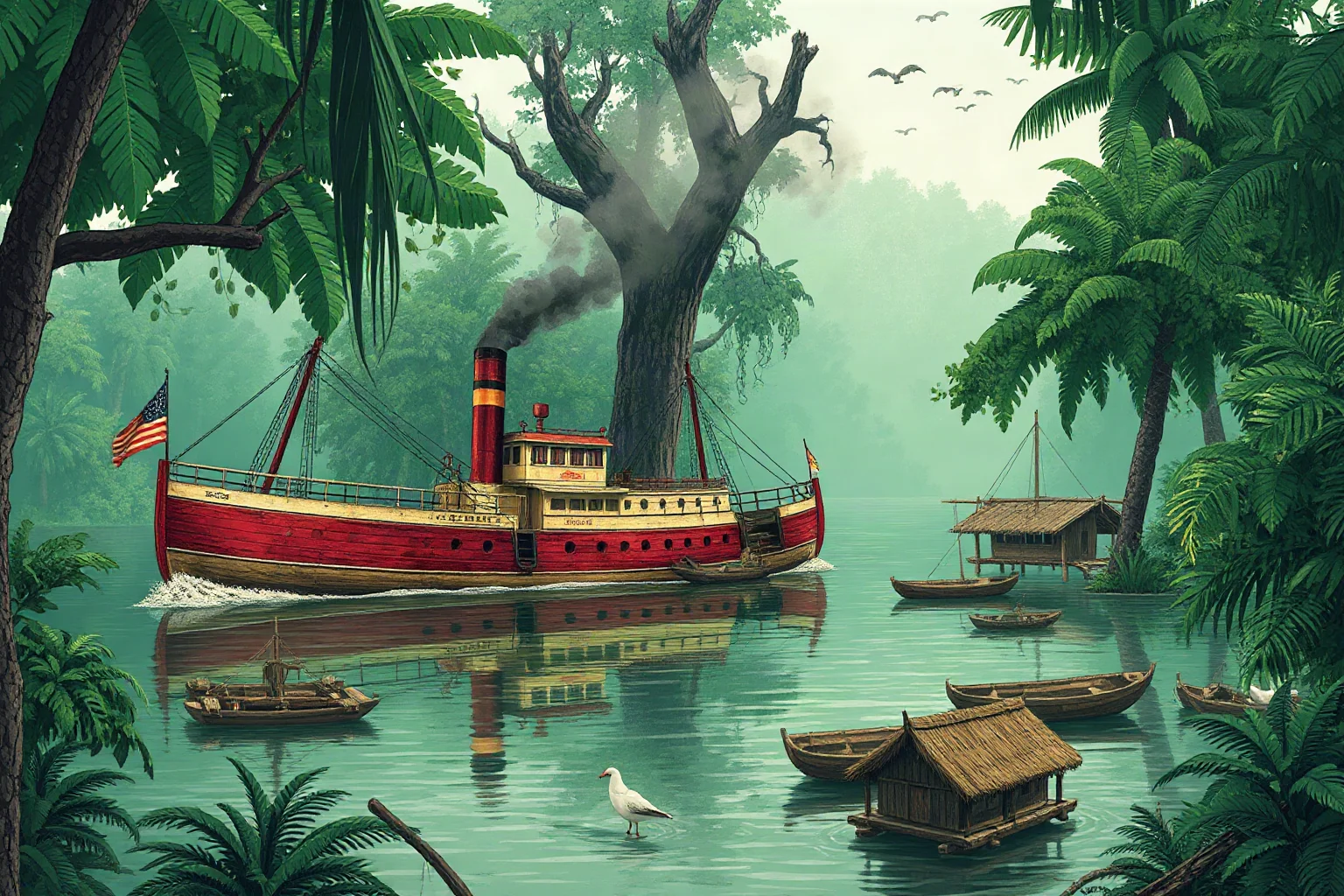Illustration of a 19th-century Congo River steamboat and colonial trading post in dense jungle