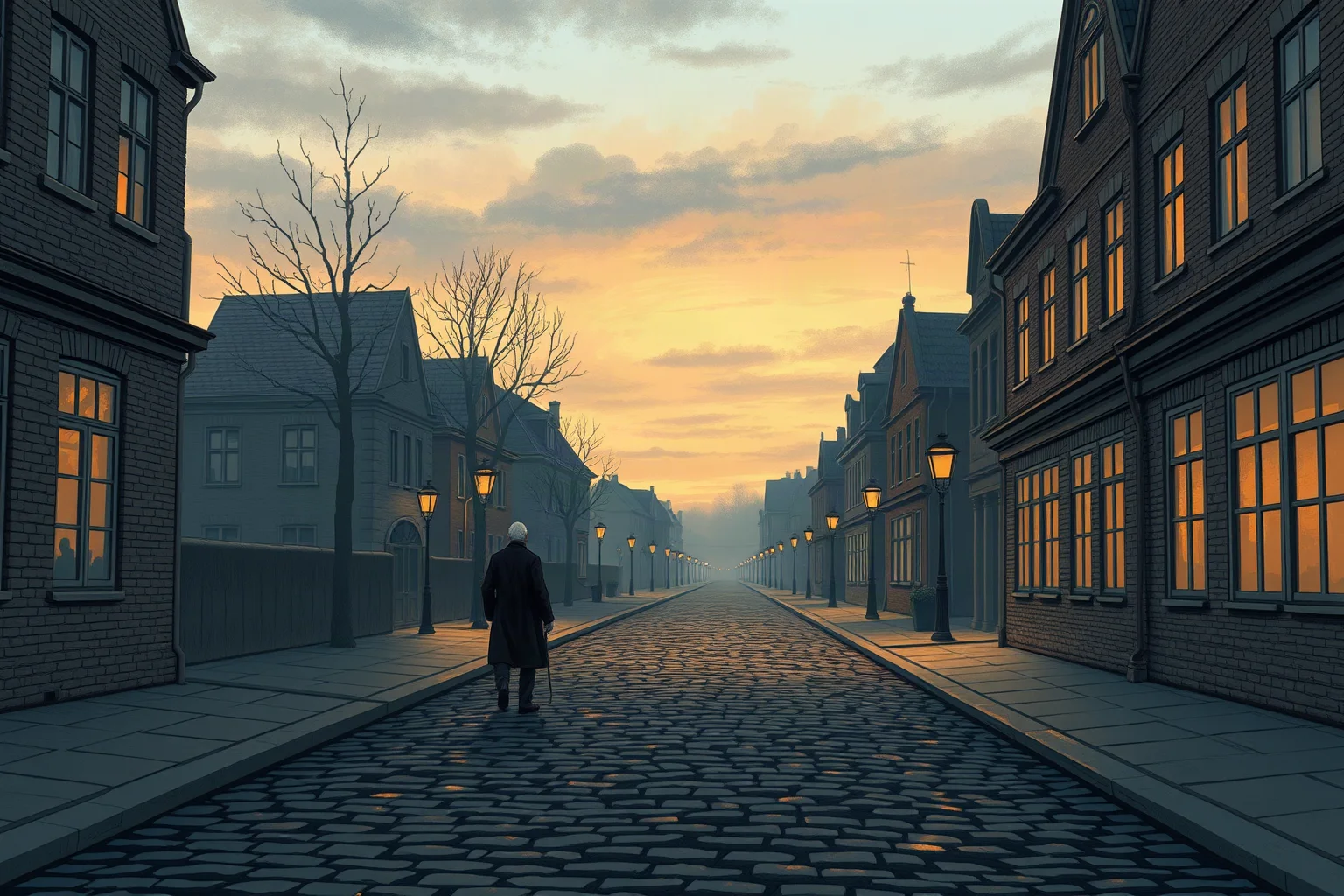 Illustration of a 19th-century Danish thinker walking alone along a cobblestone street at dusk, contemplative mood