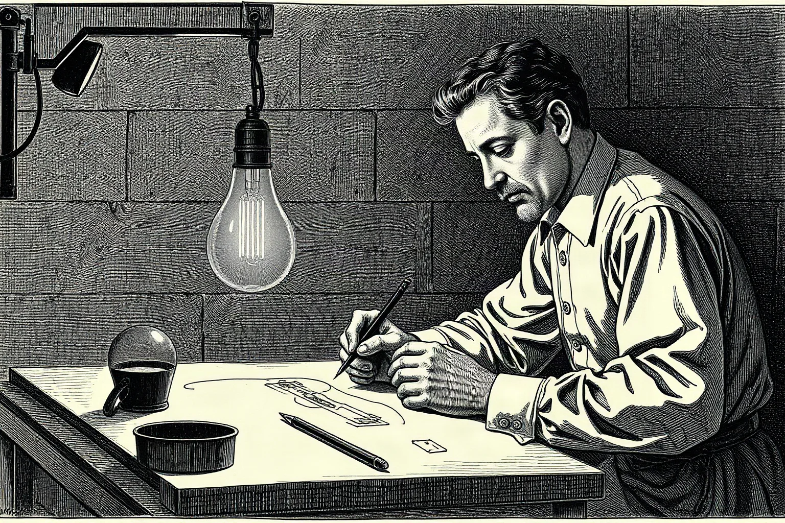 Illustration of a 19th-century draftsman sketching a glowing light bulb filament design at a drafting table