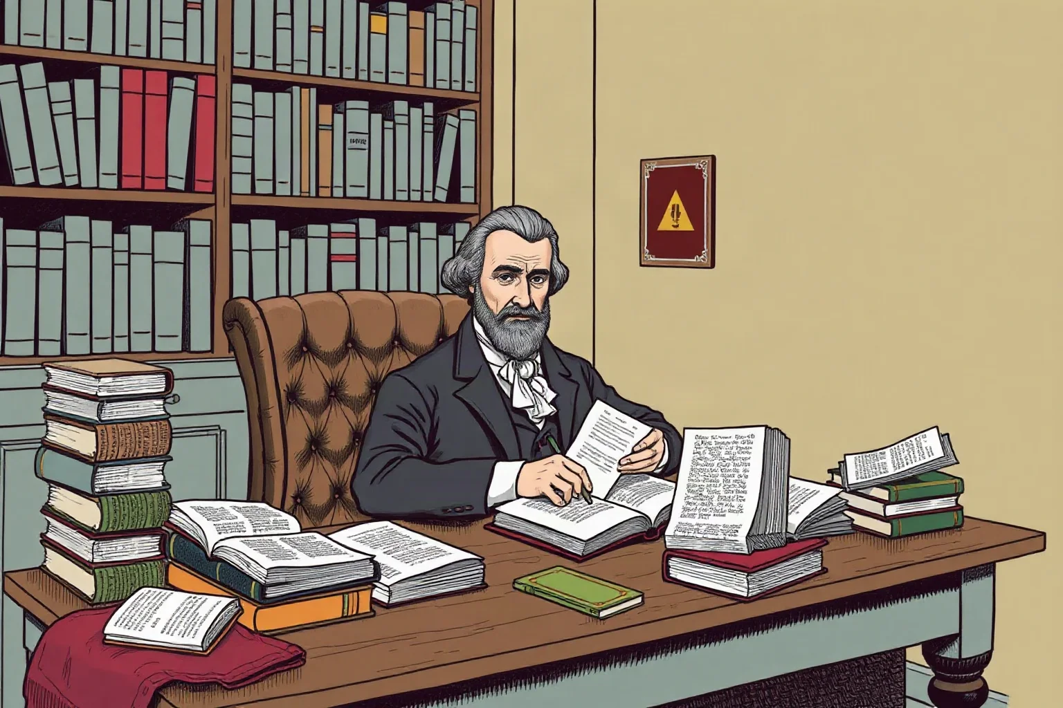Illustration of a 19th-century English philosopher at a writing desk surrounded by books and pamphlets