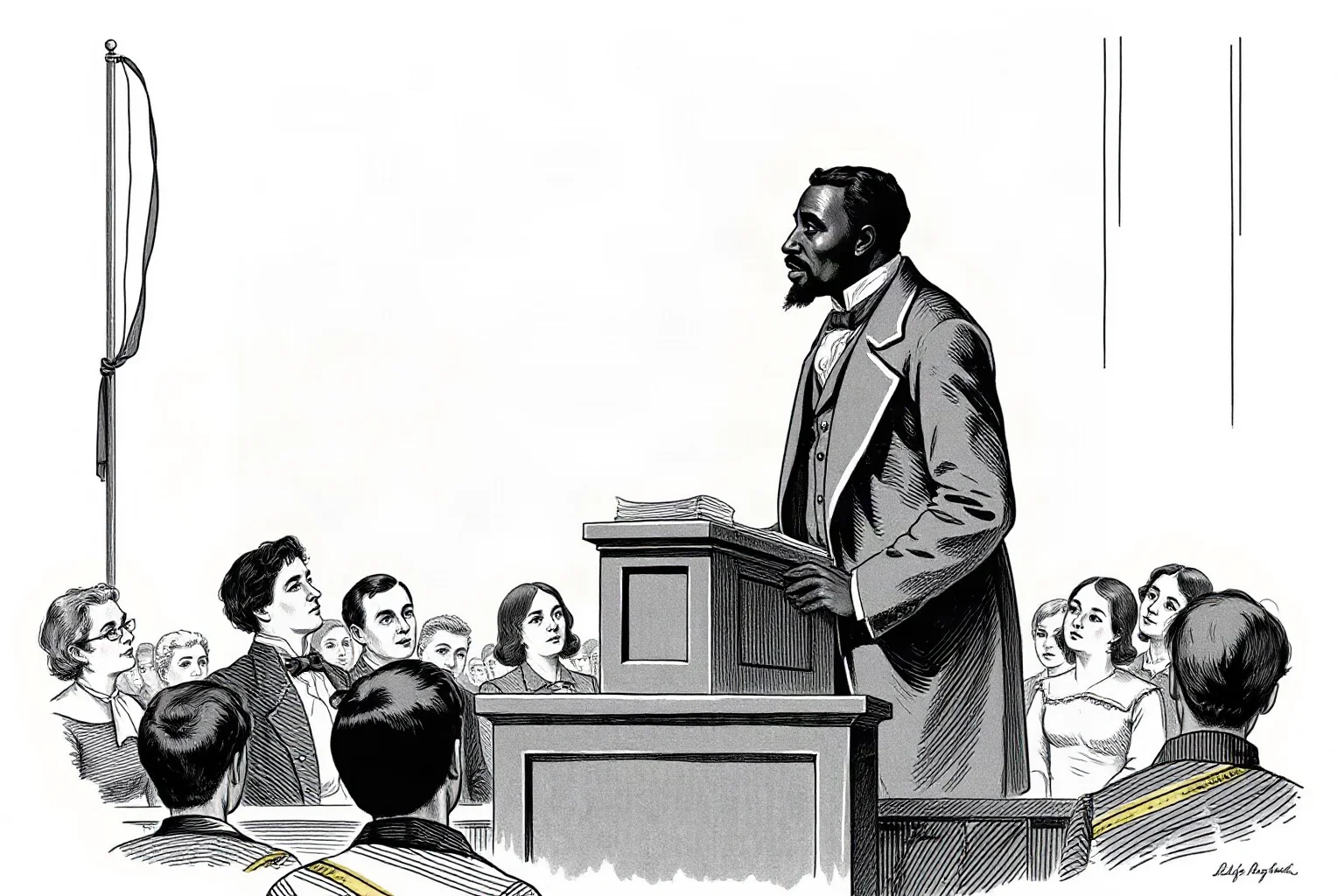 Illustration of a 19th-century formerly enslaved American orator and writer standing at a lectern addressing a crowd