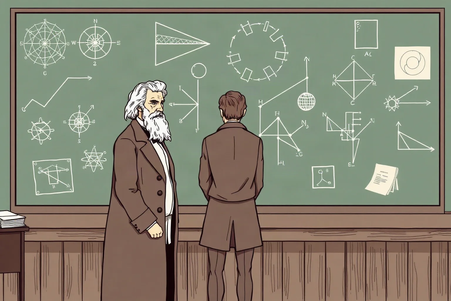 Illustration of a 19th-century German philosopher standing before a chalkboard filled with abstract diagrams