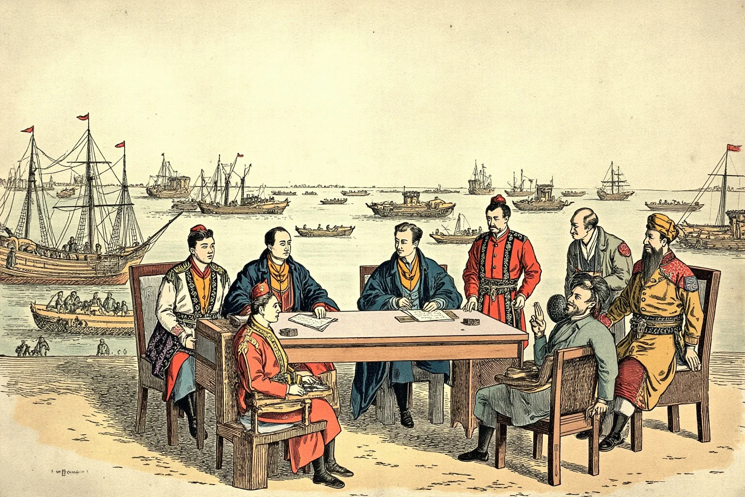 Illustration of a 19th-century harbor treaty signing scene with ships in the background, Chinese and European officials at a table
