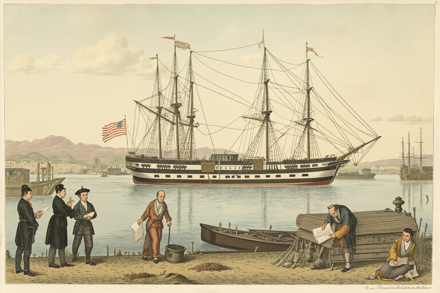 Illustration of a 19th-century harbor with naval ships and officials exchanging documents on a dock, Japanese coastal setting