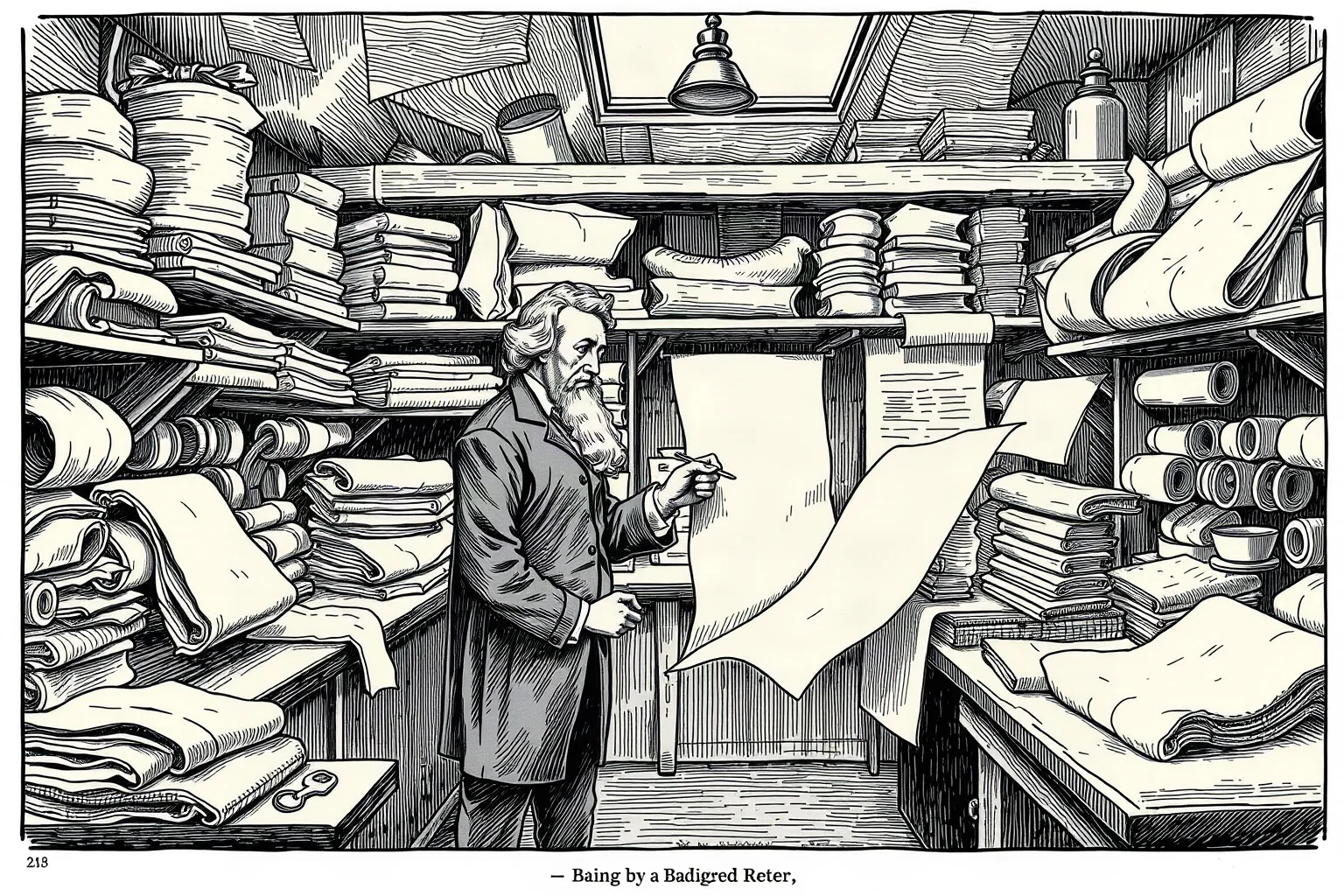 Illustration of a 19th-century inventor examining sheets of rubber material in a cluttered laboratory