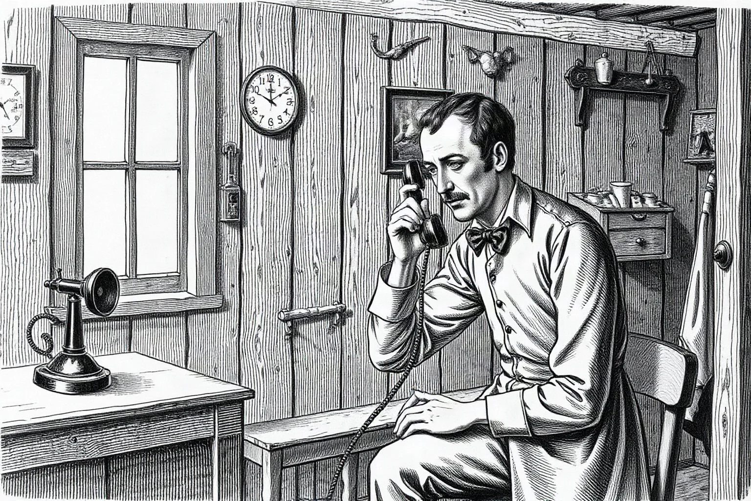 Illustration of a 19th-century inventor experimenting with an early telephone device in a wooden workshop, vintage engraving style