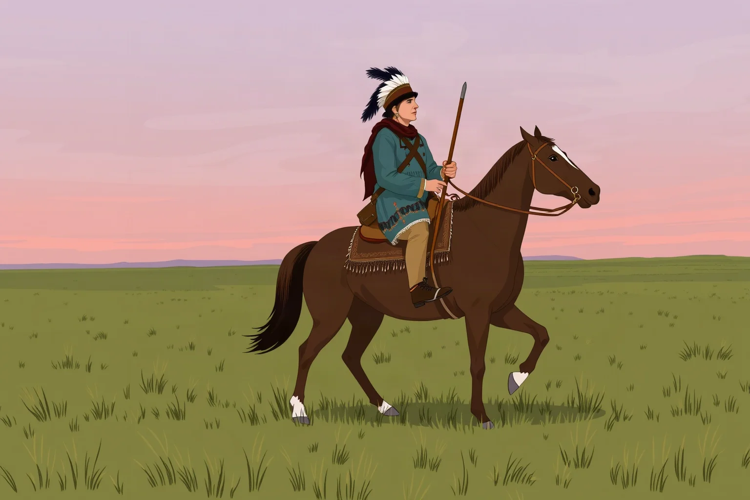 Illustration of a 19th-century Métis leader on horseback on the prairies, historical illustration style