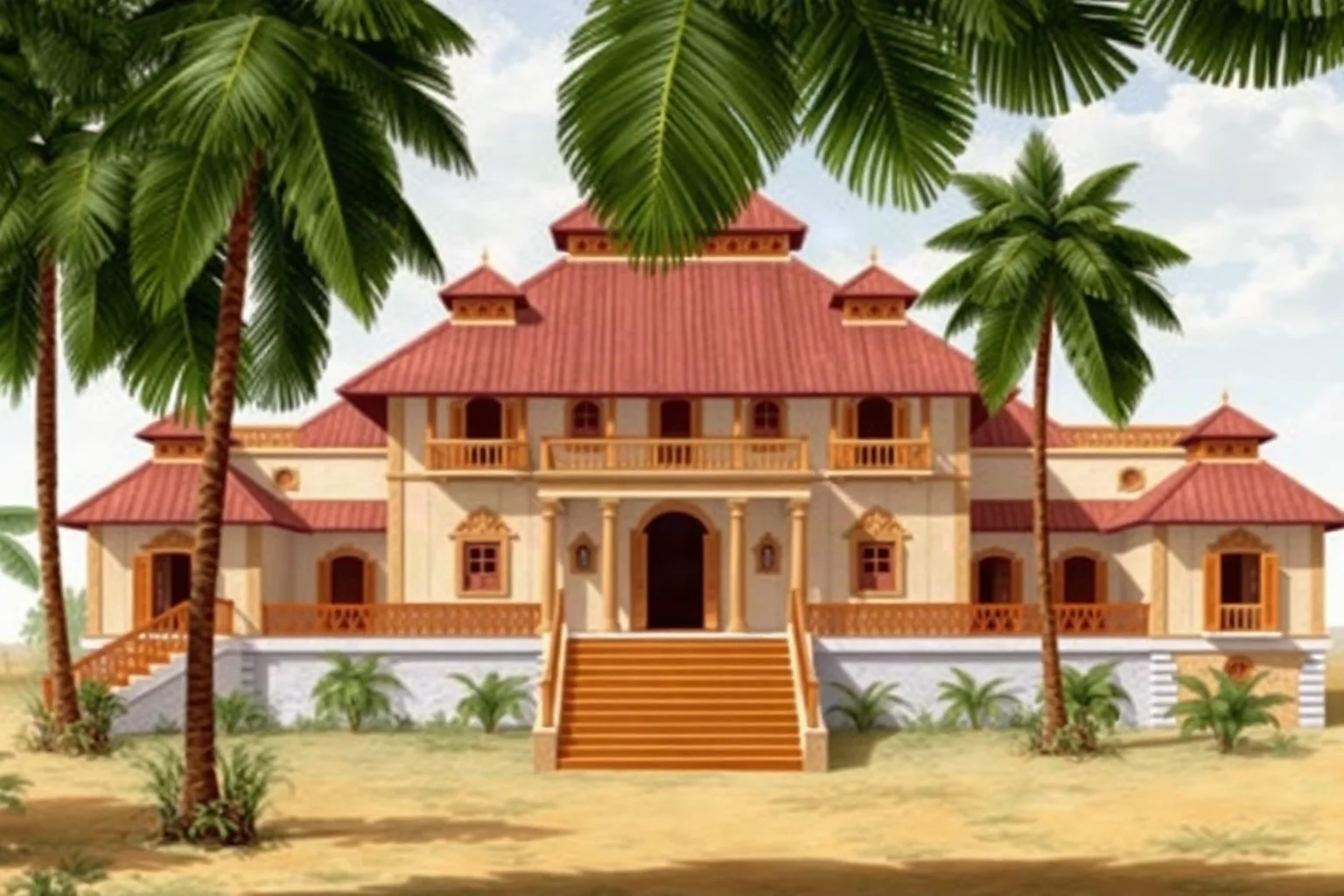 Illustration of a 19th-century Madagascar royal court with tropical palace architecture