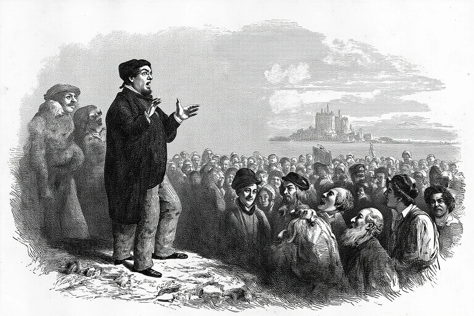 Illustration of a 19th-century man giving a passionate speech to a crowd, historical engraving style