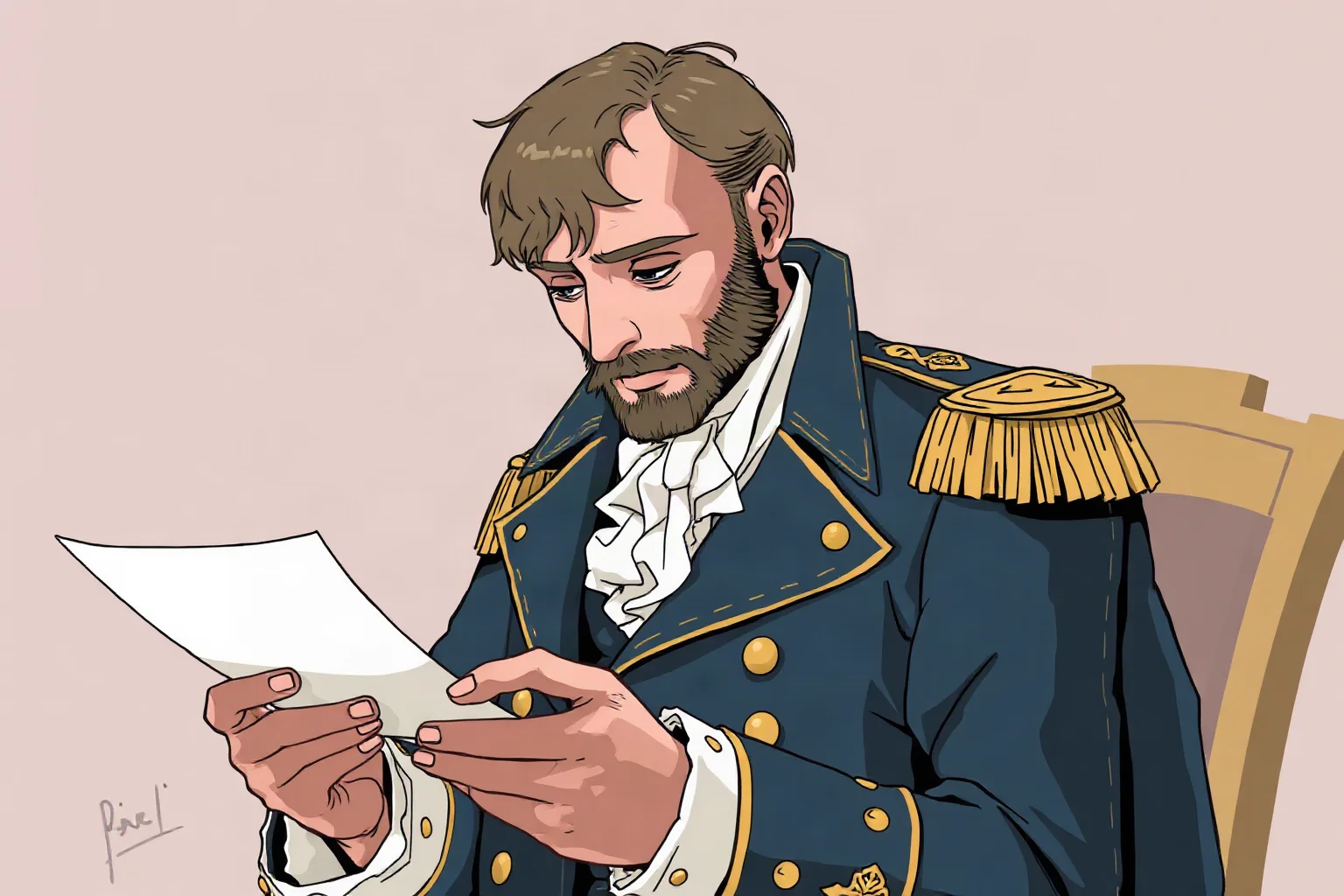 Illustration of a 19th-century military leader in an ornate coat reading a letter thoughtfully