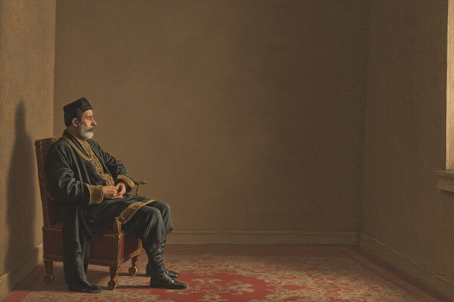 Monarchs Whose Reigns Were Hilariously Short 16 Illustration of a 19th-century Ottoman sultan in traditional robes sitting alone in a quiet palace room