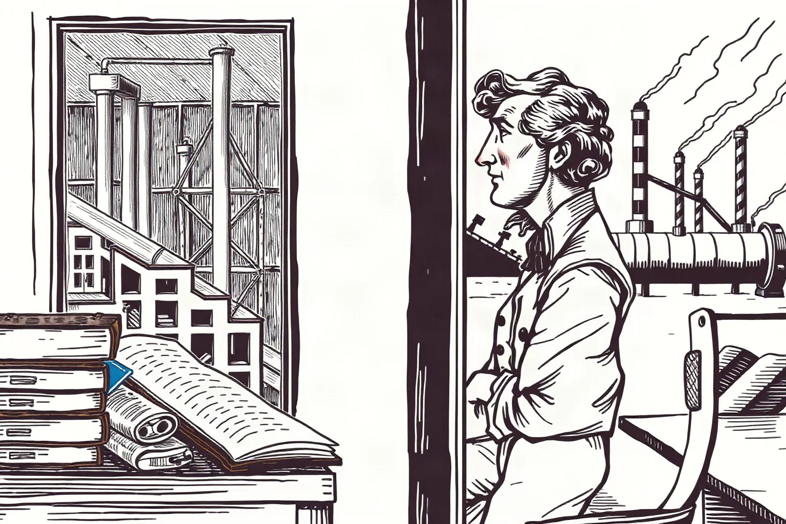 Illustration of a 19th-century philosopher-economist studying ledgers and factory imagery through a window