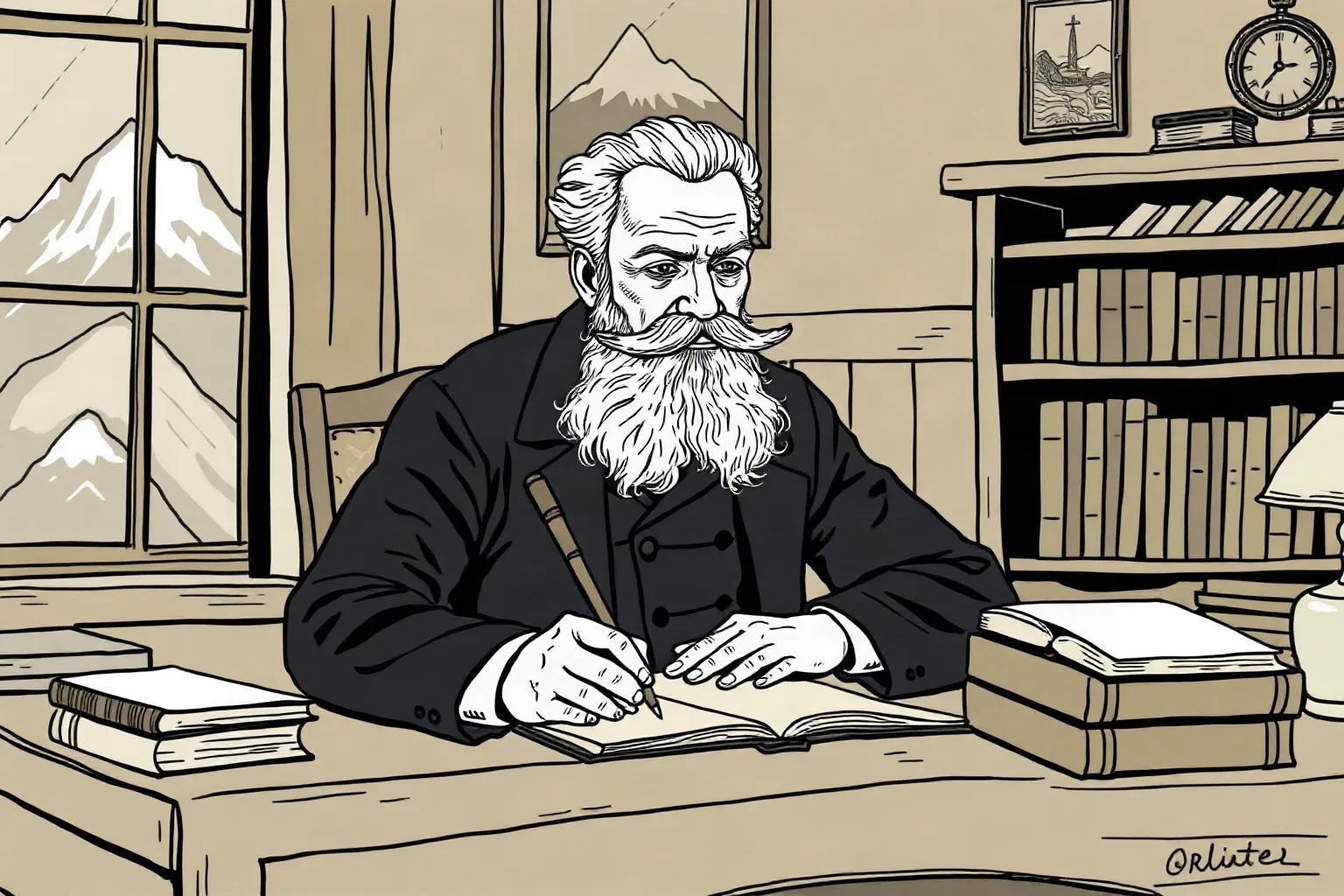 Illustration of a 19th-century philosopher with a dramatic mustache writing intensely at a mountain retreat desk