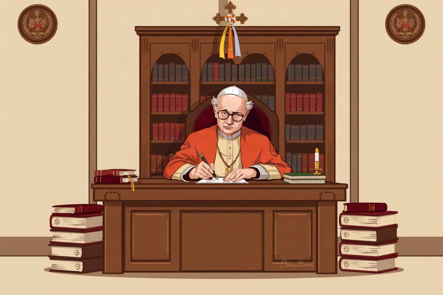Illustration of a 19th-century pope writing at a wooden desk surrounded by books and papal seals