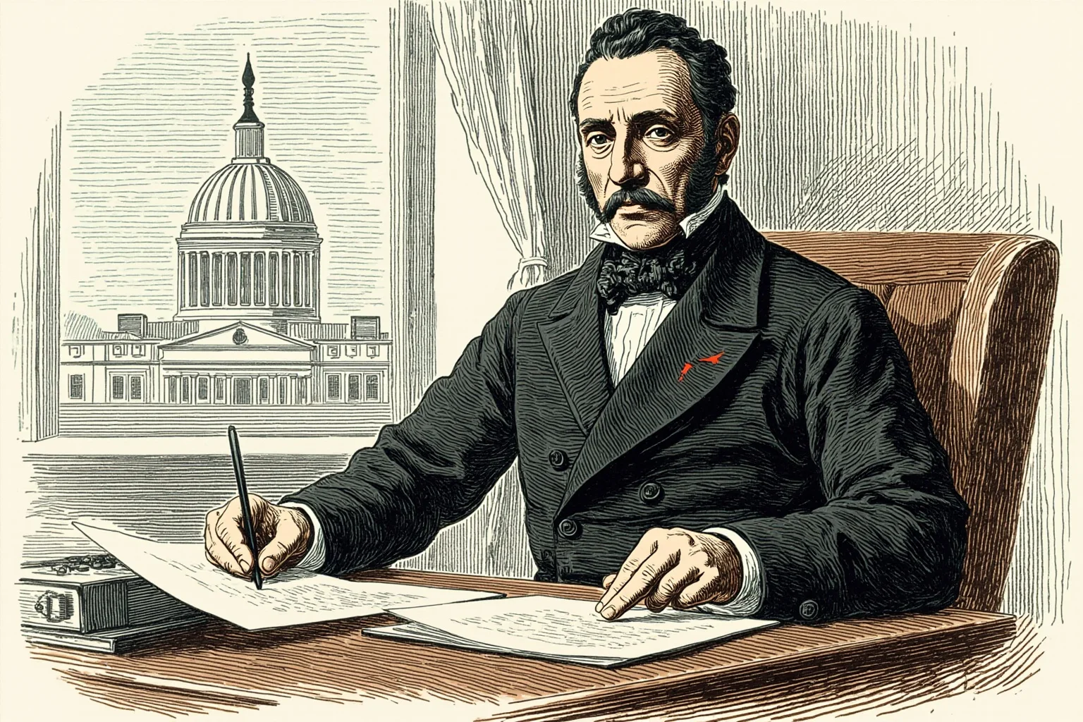 Illustration of a 19th-century president signing a document at a wooden desk, with the Capitol dome visible through a window.