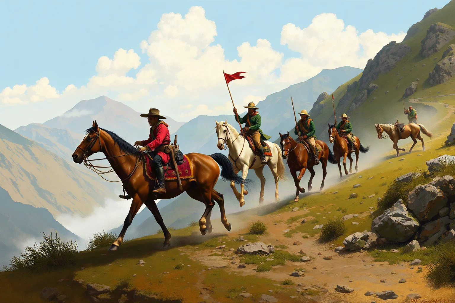 Illustration of a 19th-century South American cavalry leader crossing a mountain pass with soldiers and horses in tow