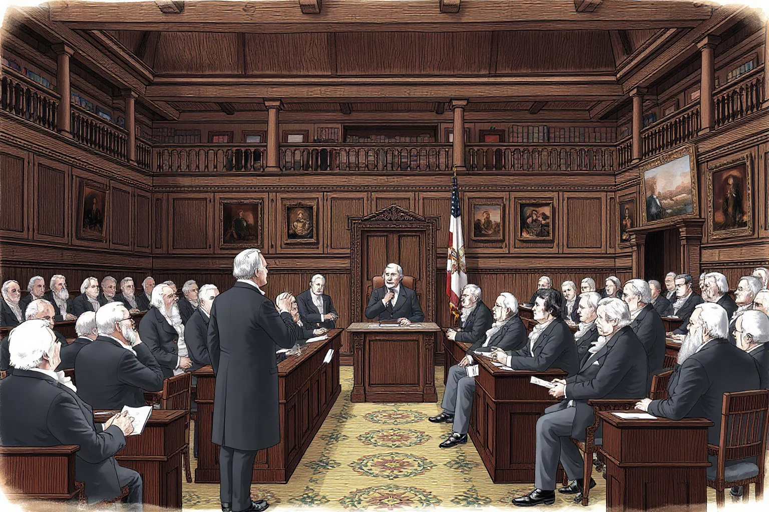 Illustration of a 19th-century statesman addressing a wood-paneled parliamentary chamber full of seated delegates