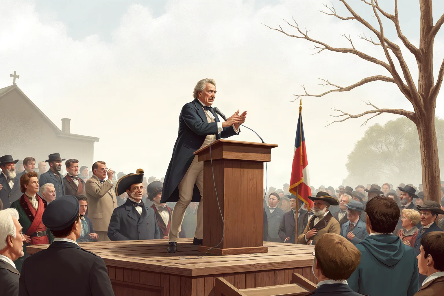 Illustration of a 19th-century statesman delivering a speech from a wooden platform to a solemn outdoor crowd