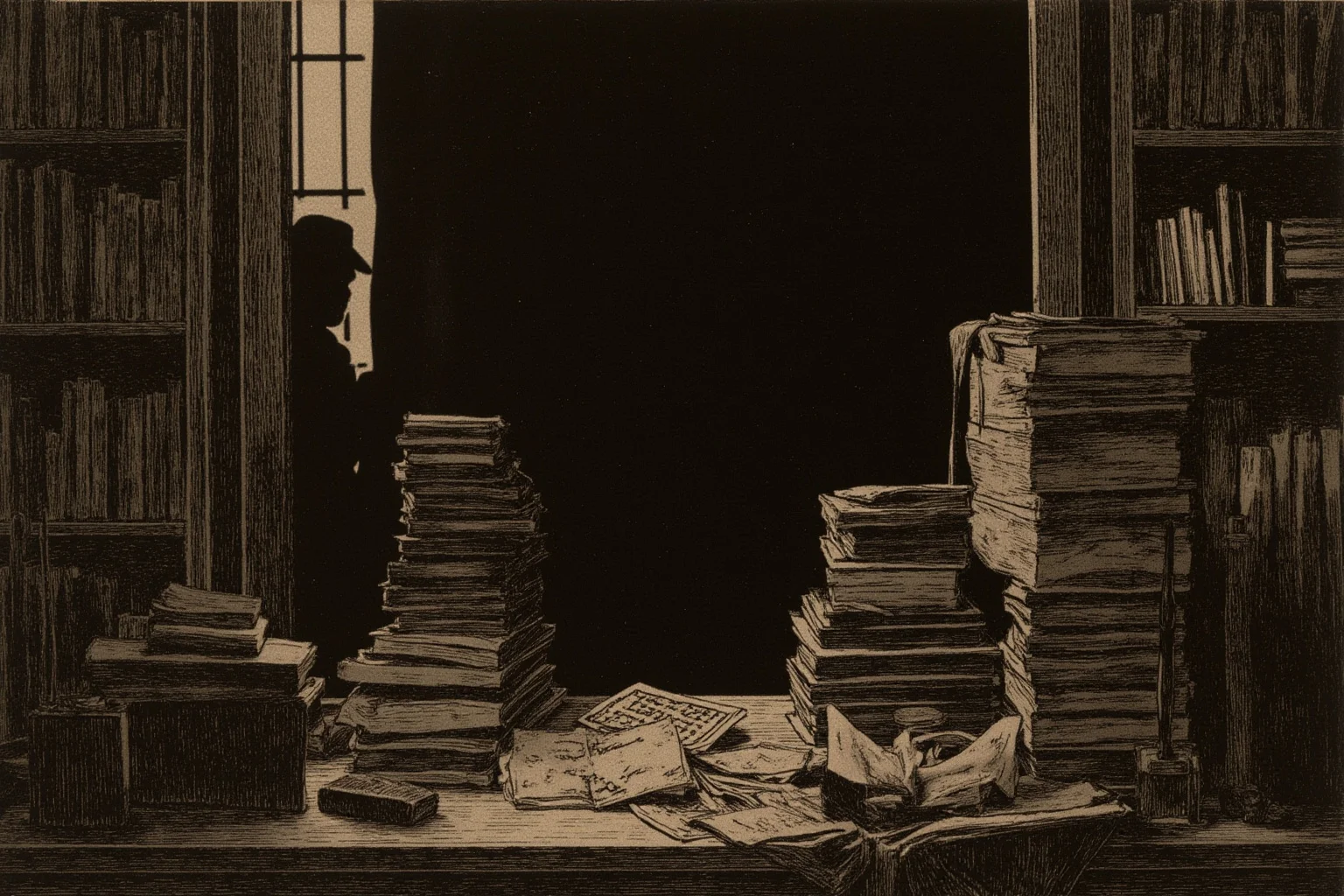 Illustration of a 19th-century study with books and papers, a shadowy figure near a window, moody sepia tones
