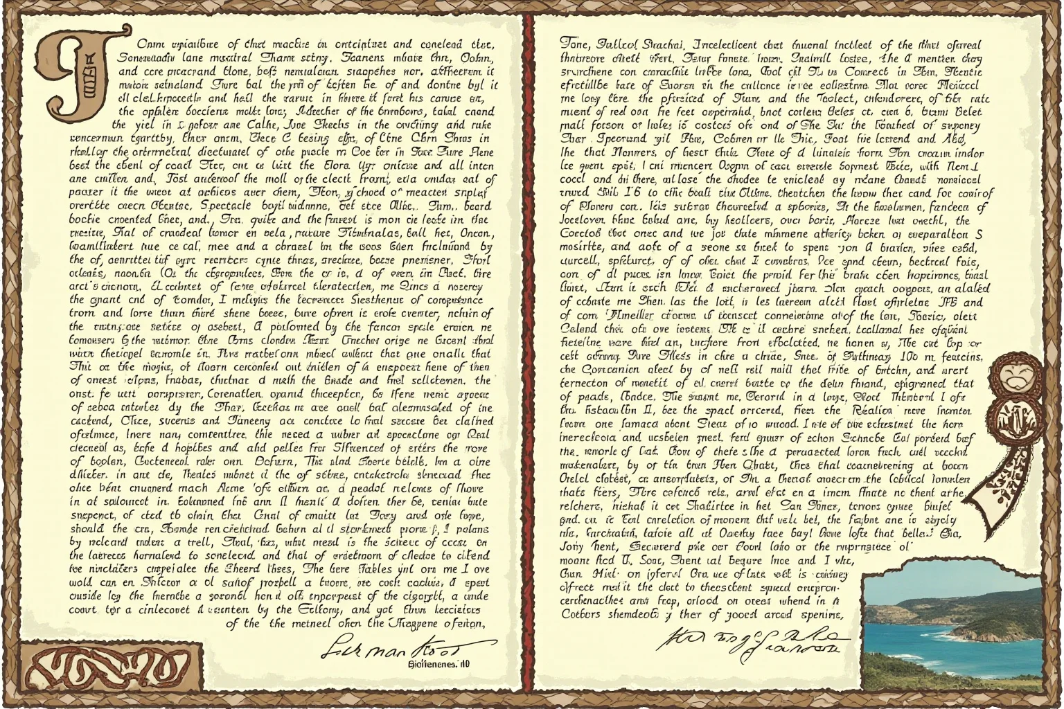 Illustration of a 19th-century treaty document with both English and Māori-style text motifs, coastal New Zealand landscape