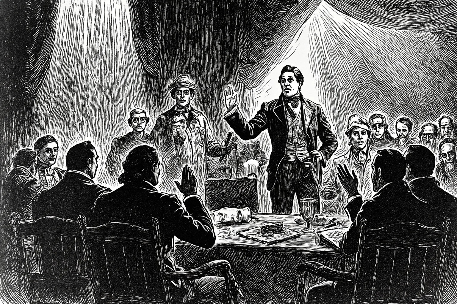 Illustration of a 19th-century vice president being sworn in hastily indoors under dramatic lighting, symbolizing sudden presidential succession.