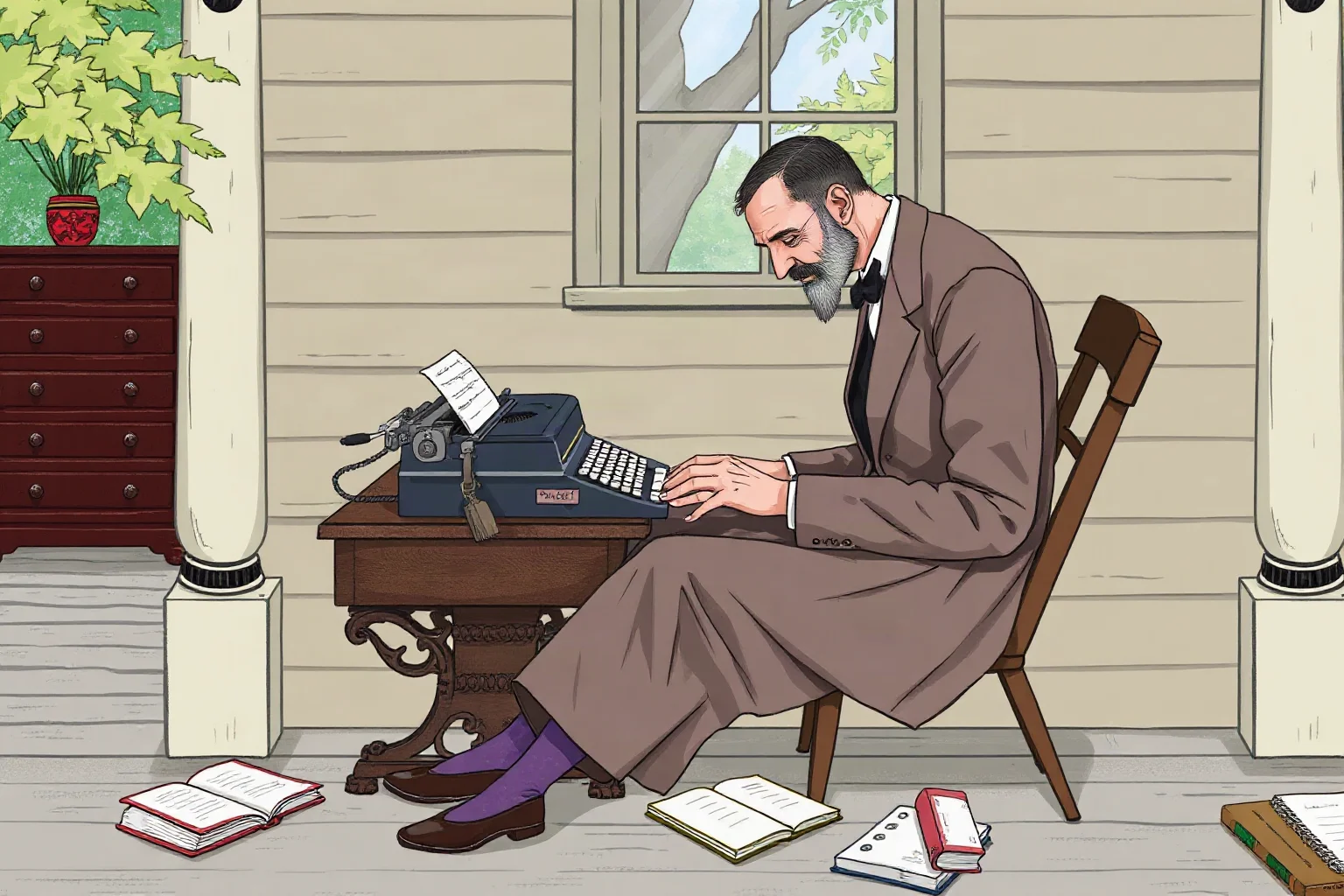 Illustration of a 19th-century writer at a typewriter on a porch, notebooks scattered nearby