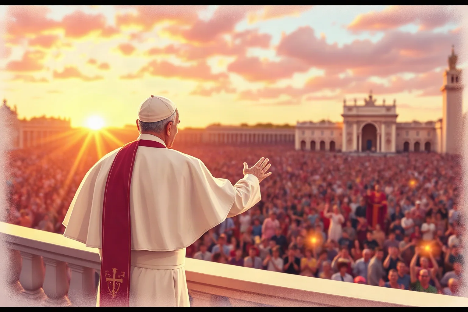 Illustration of a 20th-century pope in white papal vestments waving to a large crowd from a balcony at sunset