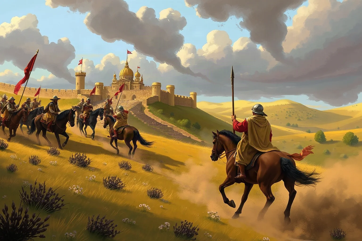 Illustration of a 5th-century nomadic warband on horseback approaching a distant walled Roman city