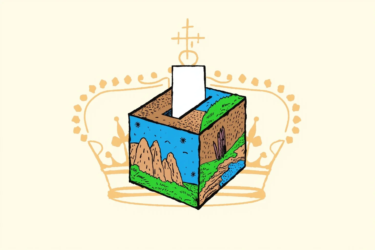 Illustration of a ballot box with Australian landscape motifs and a crown symbol faded in the background