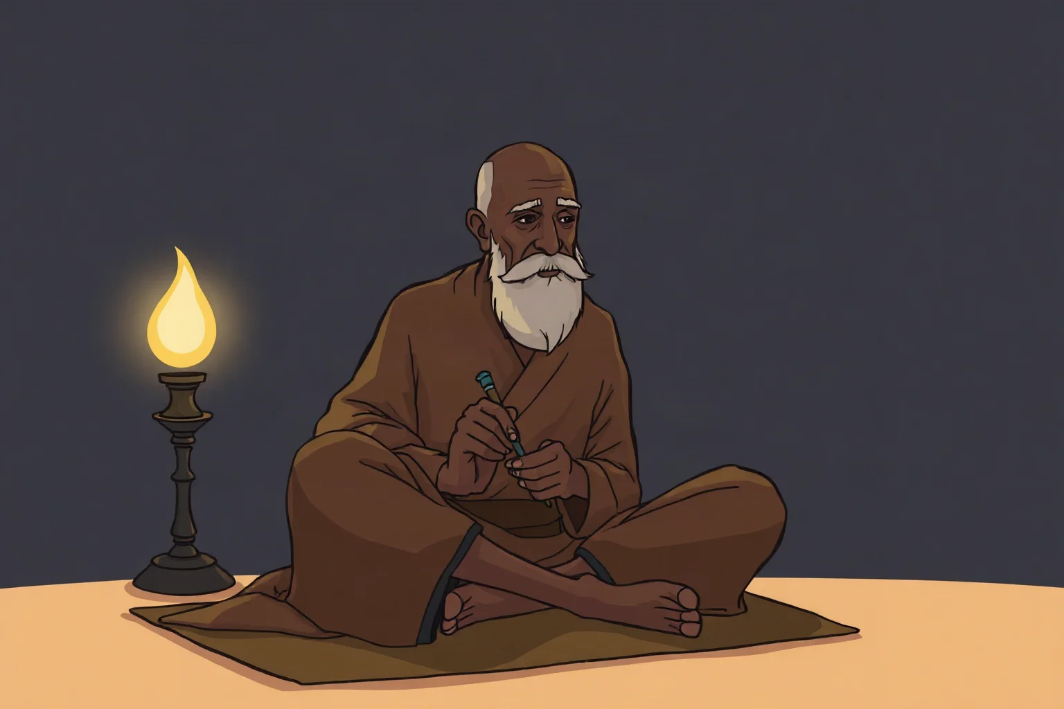 Illustration of a barefoot spiritual leader in simple robes sitting cross-legged, writing by lamplight