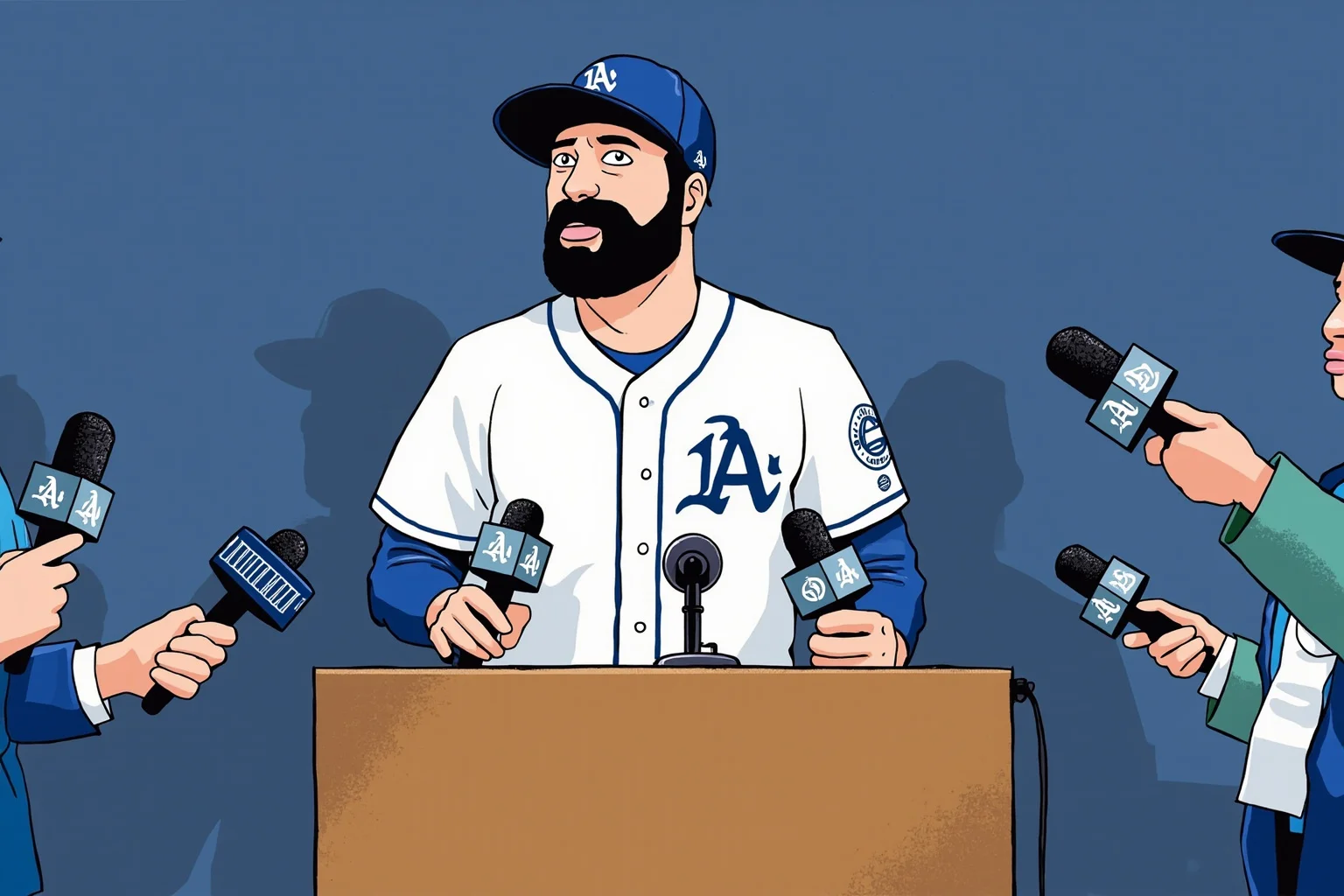 Worst Baseball Players Of All Time: 20 Infamous MLB Legends Everyone Remembers 13 Illustration of a baseball pitcher at a press conference podium surrounded by microphones