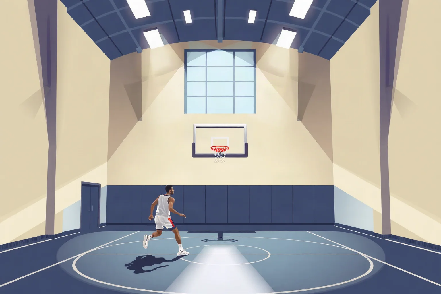 Illustration of a basketball player driving toward the hoop on a modern indoor court