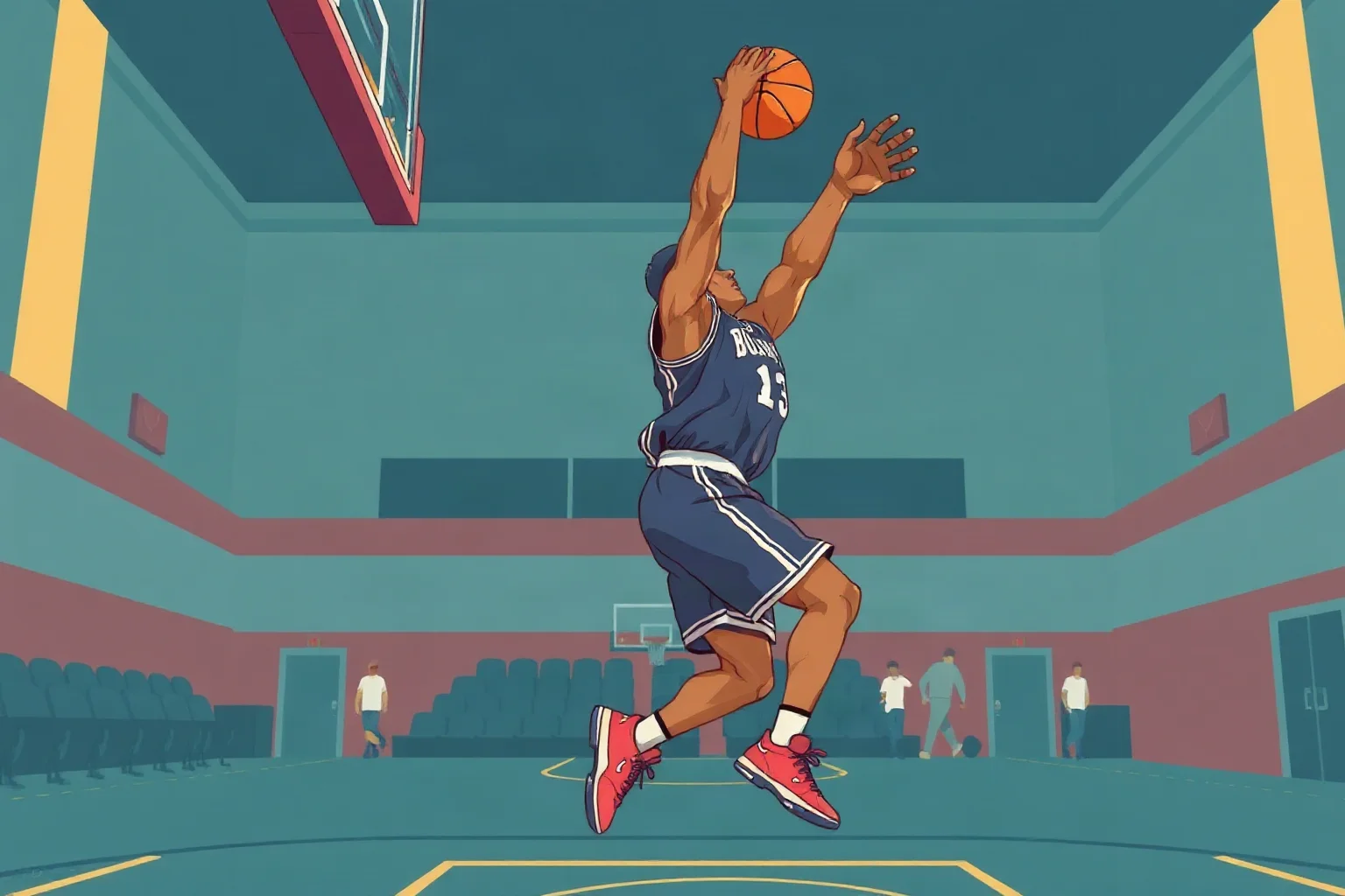 Illustration of a basketball player mid-slam-dunk on an indoor court, 1990s poster style
