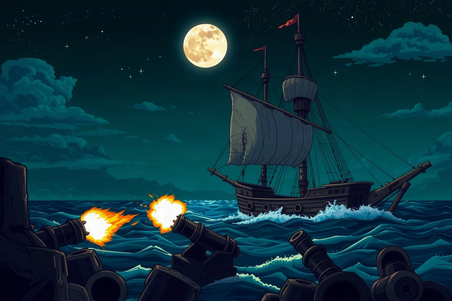 Illustration of a battle-damaged wooden sailing ship at night, cannons firing under a full moon