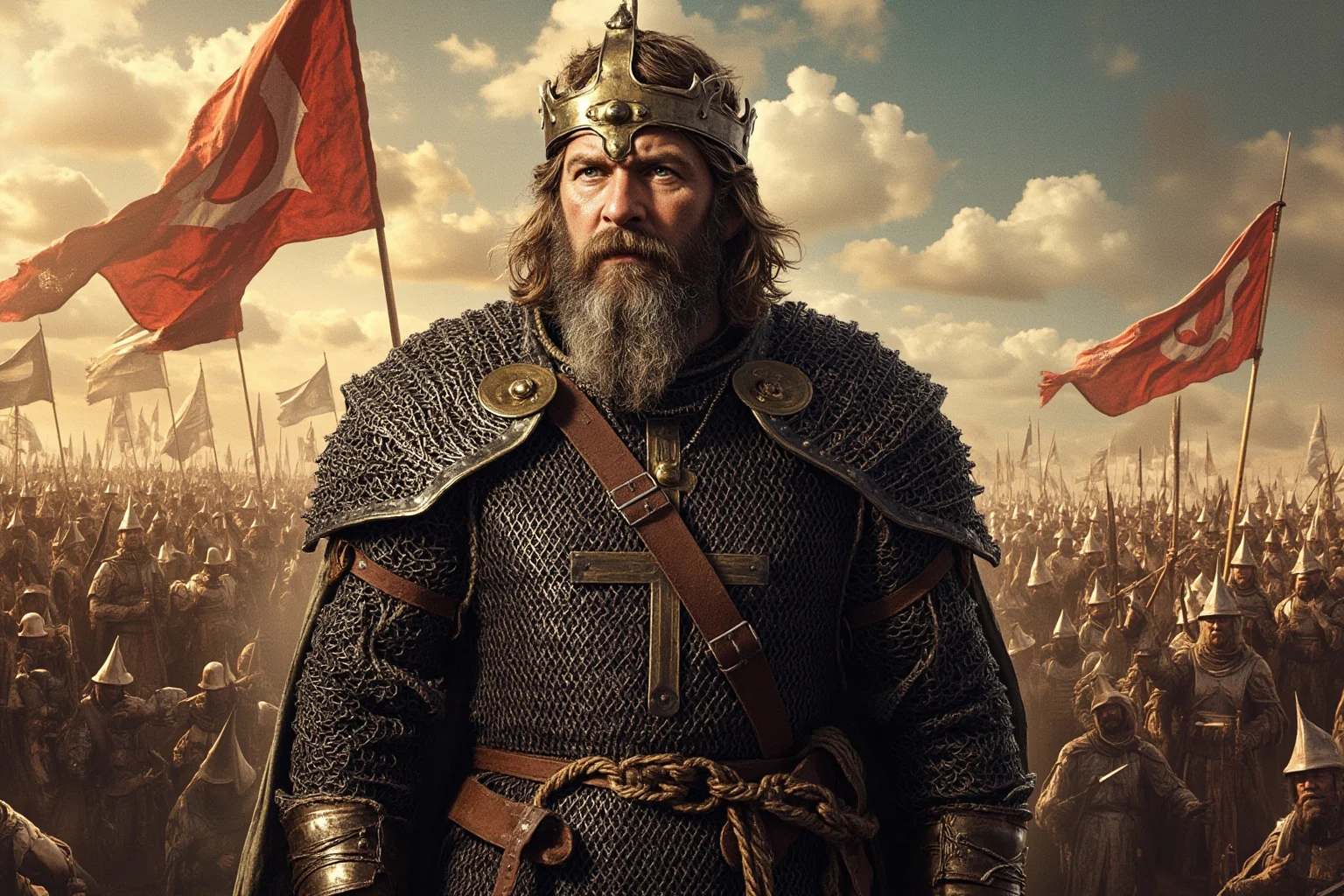 Monarchs Whose Reigns Were Hilariously Short 5 Illustration of a battle-worn Anglo-Saxon king in chainmail standing before a war camp with banners