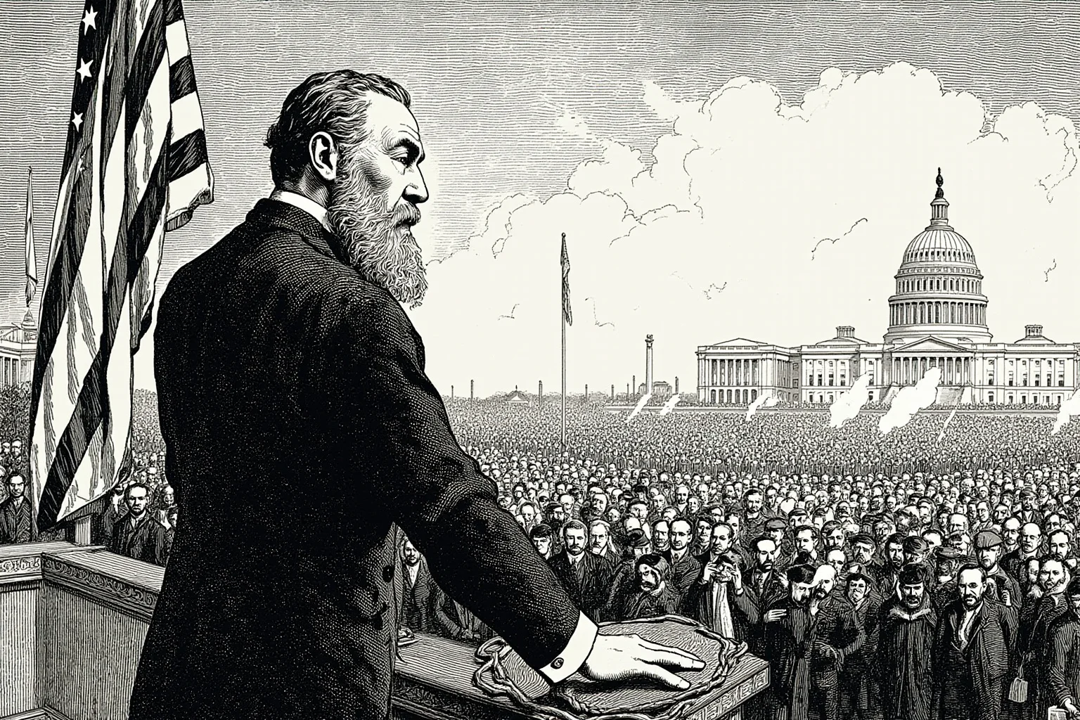 Illustration of a bearded 19th-century president speaking solemnly on capitol steps before a large crowd, tension in the air