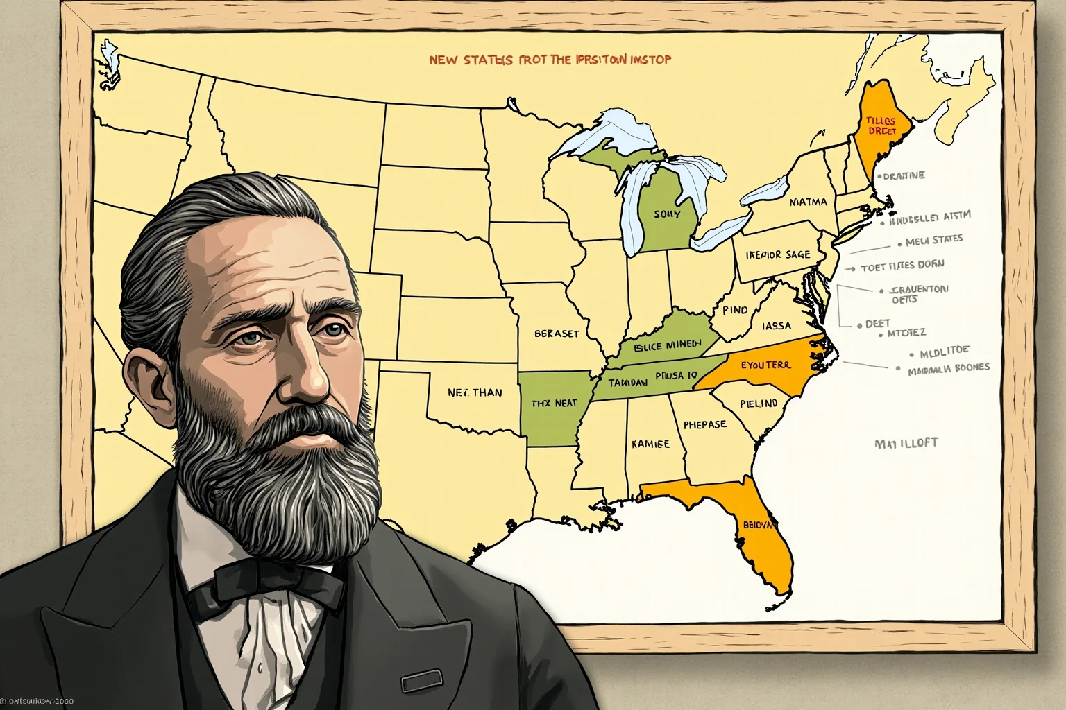 Illustration of a bearded 19th-century president standing before a wall map showing new states being added to a growing nation.