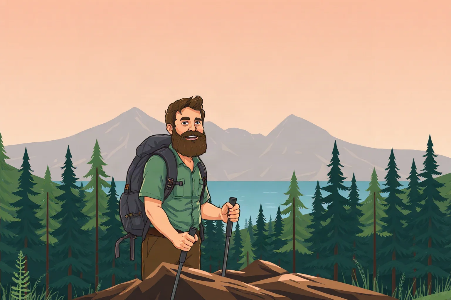 Illustration of a bearded naturalist hiking through a pine forest with tall mountains and a lake in the background
